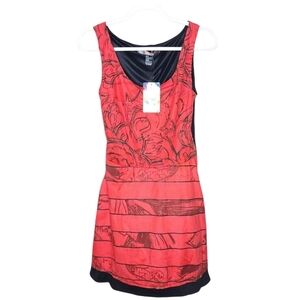 NWT Desigual Red Sleeveless Dress Faux Suede Black Abstract Art to Wear Size S